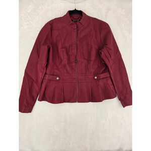 Baccini Faux Leather Jacket Womens Large Berry Red Peplum Moto Pleated Coat L